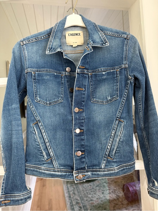 L'AGENCE Jackets & Blazers - L'AGENCE Celine Distressed Stretch-Cotton Denim Jacket | XS